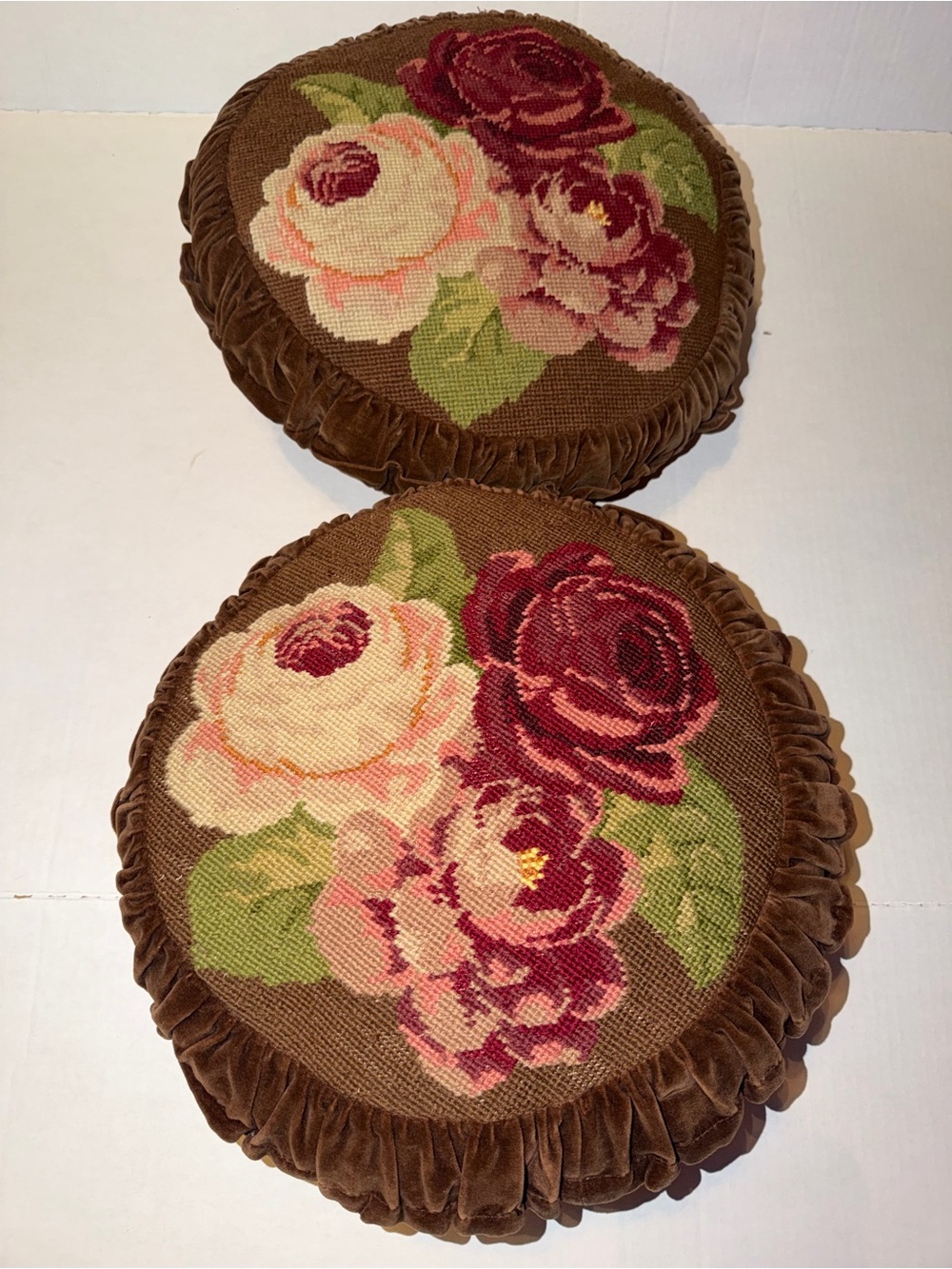 Pine Cone Hill Needlepoint Floral Pillows Round With Brown Velvet